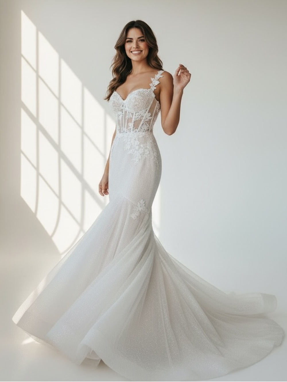 NWT Samantha Woo Designer Glitter Trumpet Wedding Dress with Nude Mesh Panels 12